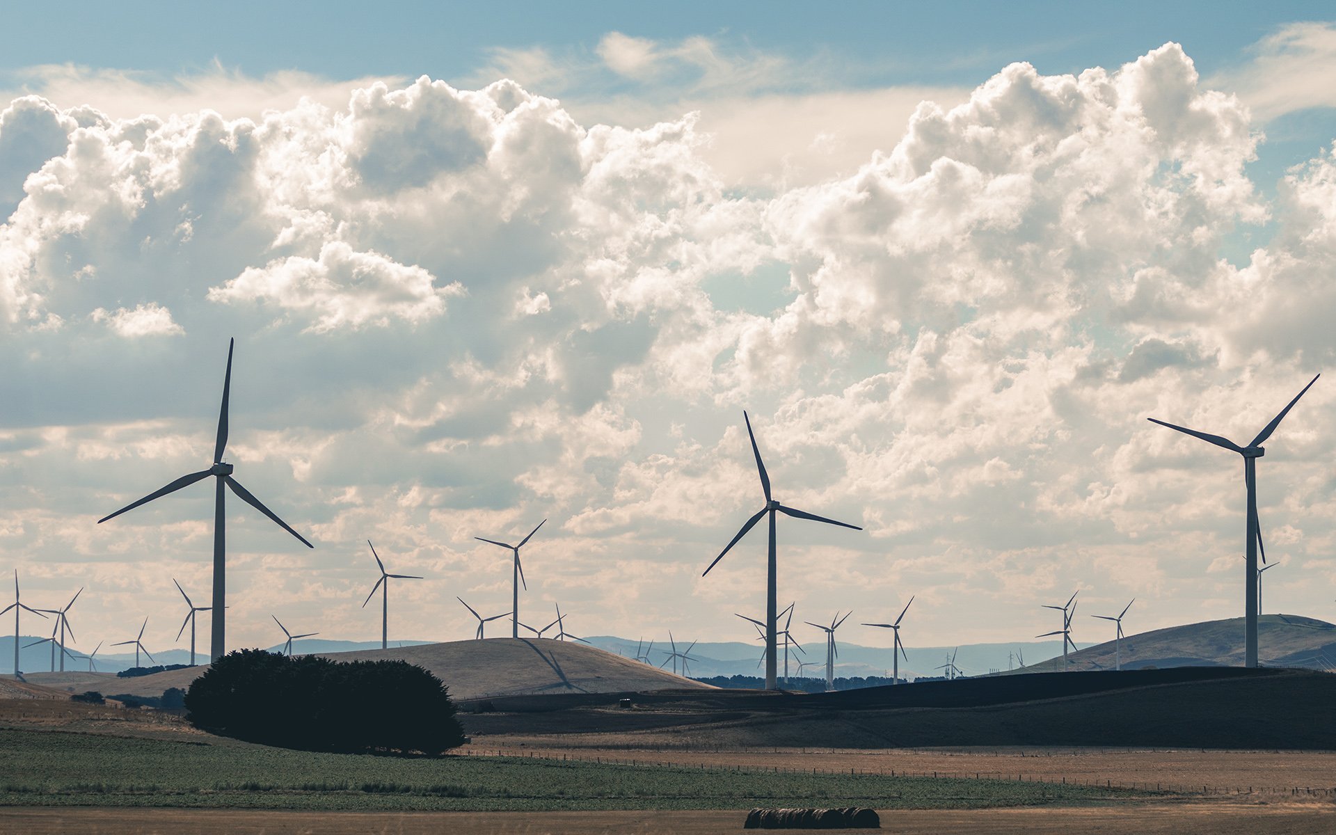 Wind turbines on green grass field under white clouds and blue sky